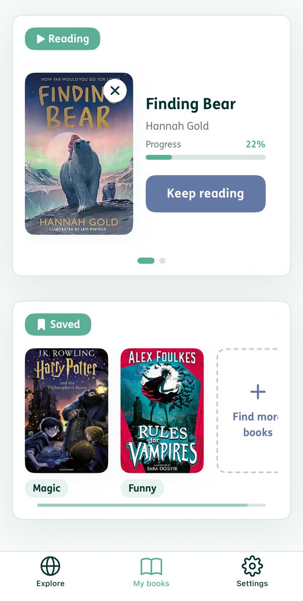 The Little Reads app: a child's reading shelf with their current book and saved next reads