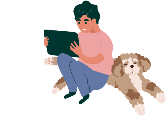 child reading on a tablet sat next to their dog