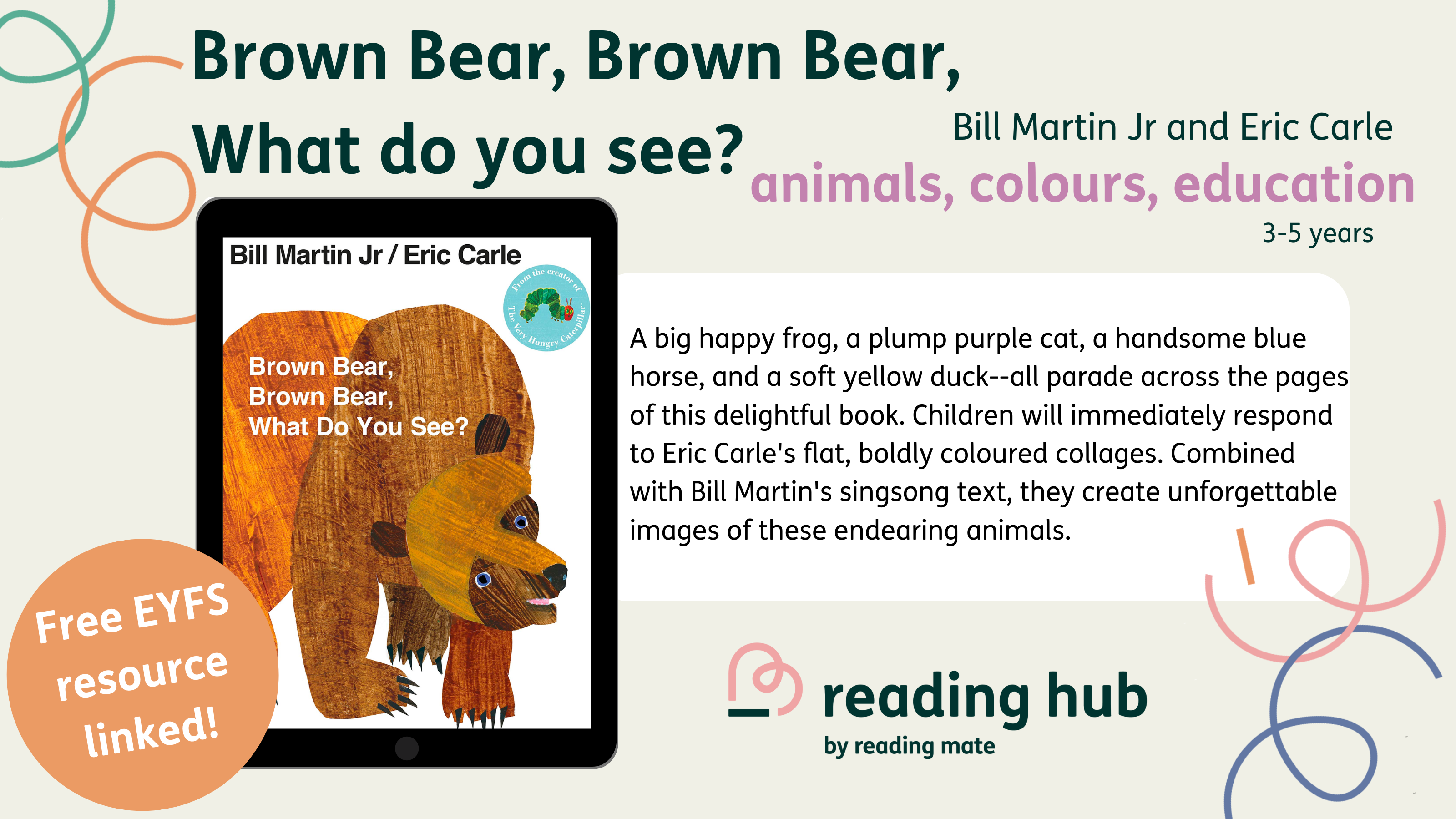 Brown Bear, brown bear, what do you see? By Bill Martin Jr. A big happy frog, a plump purple cat, a handsome blue horse, and a soft yellow duck--all parade across the pages of this delightful book. Children will immediately respond to Eric Carle's flat, boldly coloured collages. Combined with Bill Martin's singsong text, they create unforgettable images of these endearing animals.